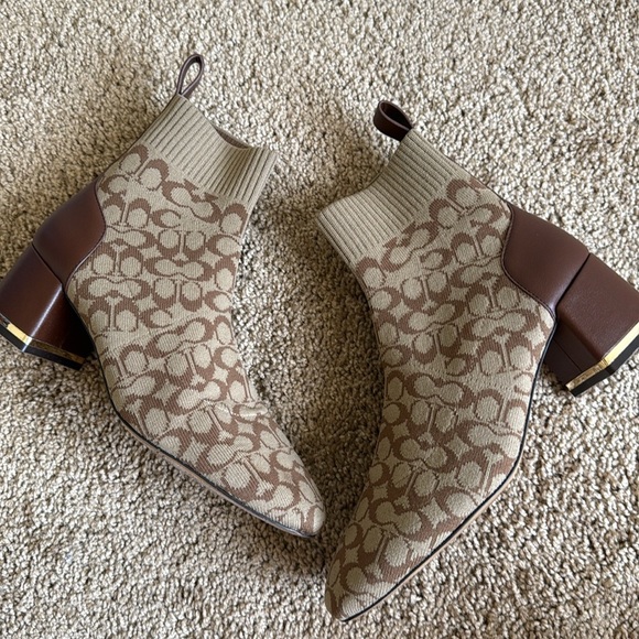 Coach Neeka Logo Knit Block Heel Slip On Bootie Brown Tan - Picture 5 of 8